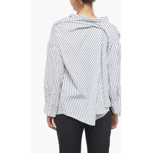 Balenciaga Women's Bow Detail Striped White Navy Blue Button Up Shirt Size 40 - Picture 5 of 11